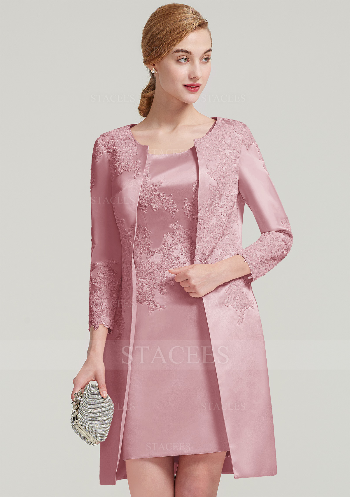3/4 Sleeve Knee Length Satin Jacket With Appliqued