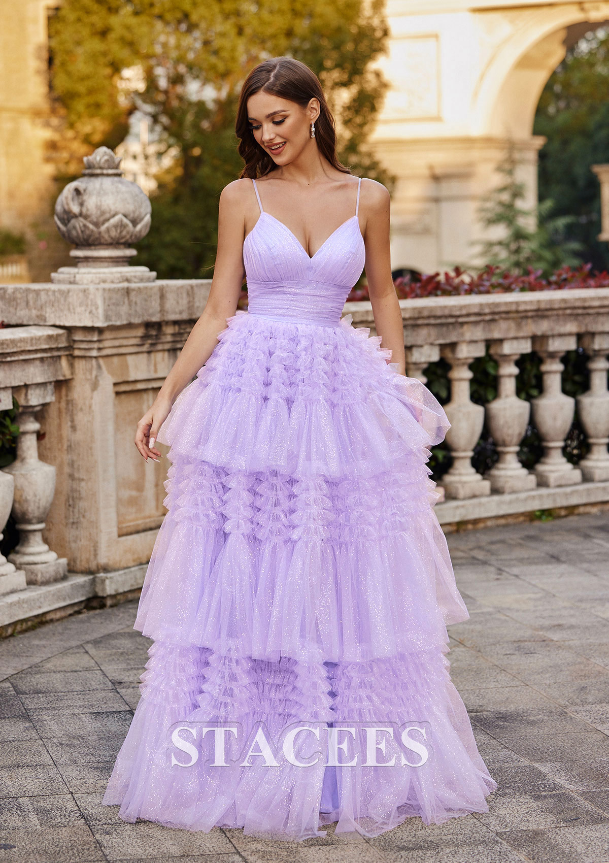 Lavender A-line Princess V Neck Floor-Length Glitter Prom Dress with Pleated Ruffles Split