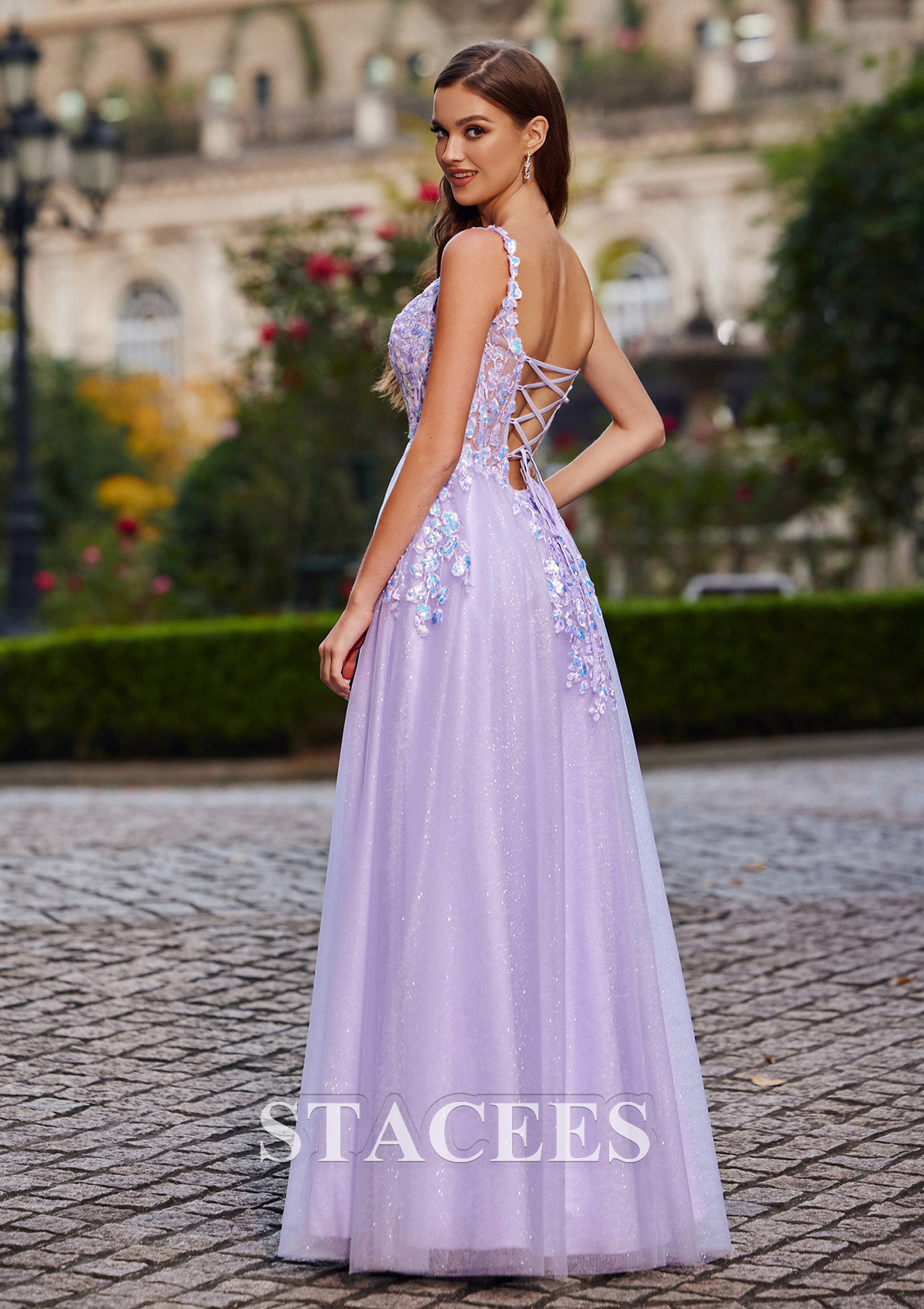 Lavender A-line V Neck Floor-Length Tulle Prom Dress with Sequins Appliqued Pockets Glitter Split - STACEES