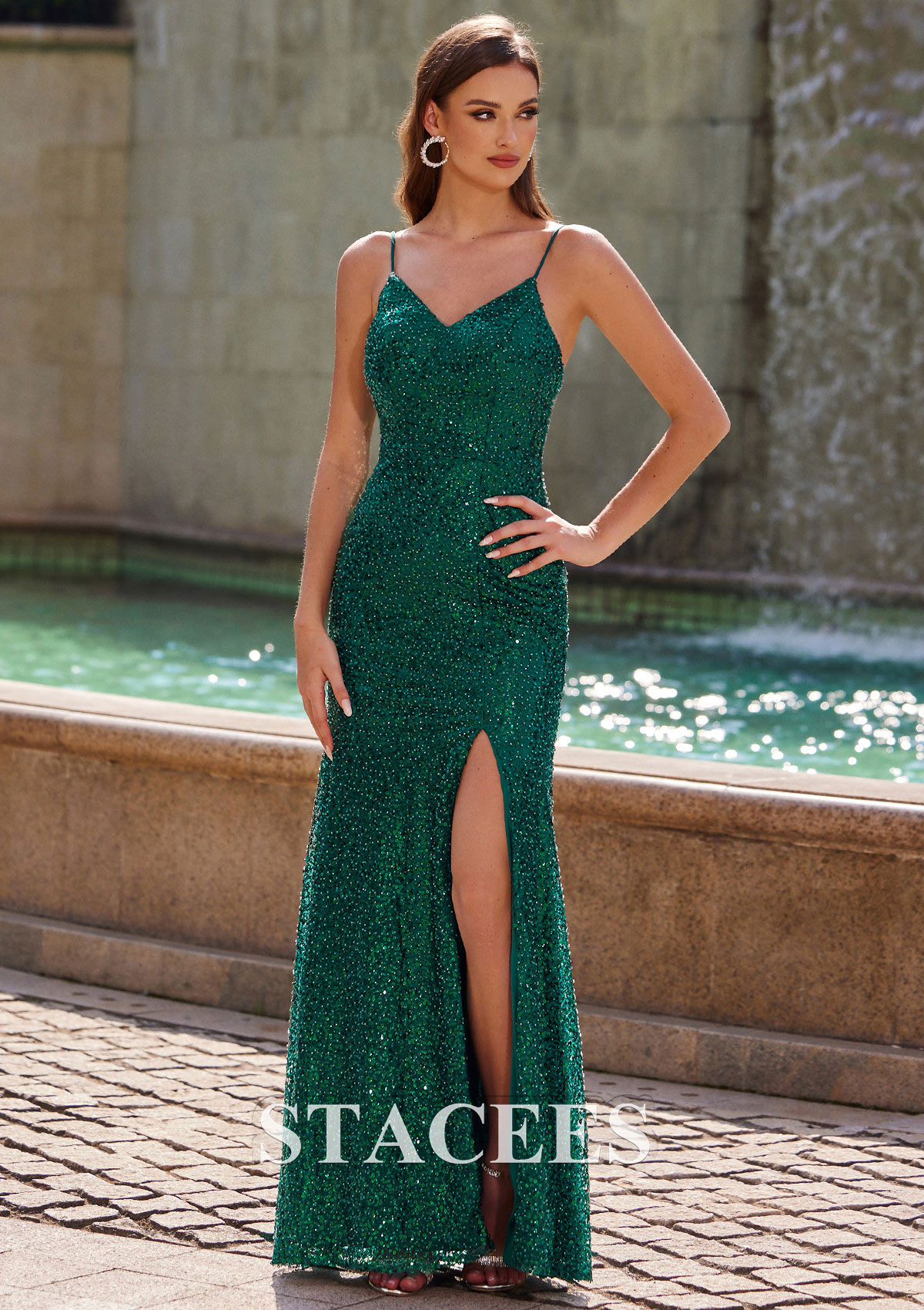 Dark Green Sheath/Column V Neck Sleeveless Floor-Length Sequined Prom Dress with Beading Split