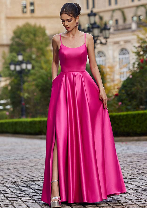 A-line Square Neckline Sleeveless Floor-Length Satin Prom Dress with Pockets Split