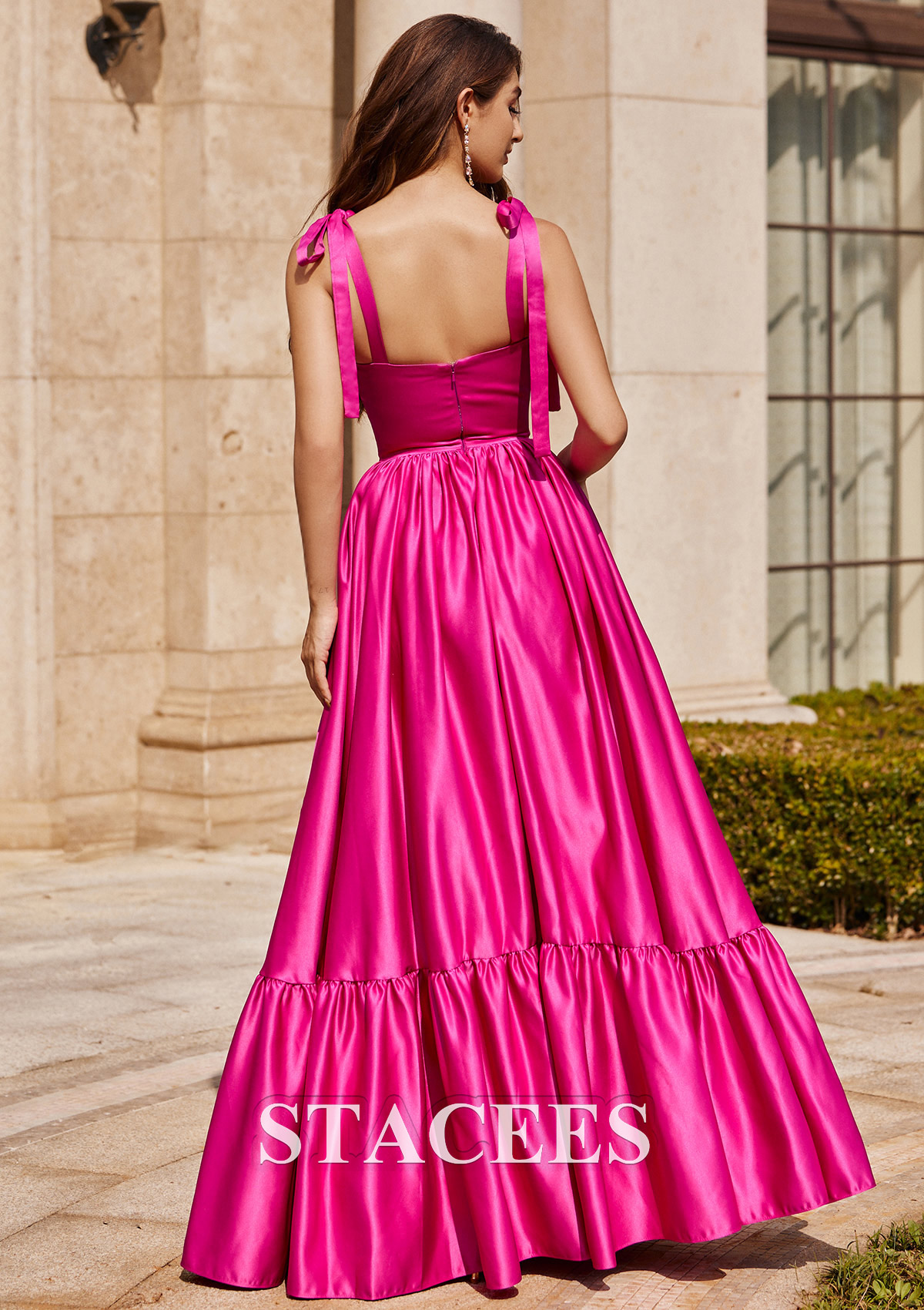 Fuchsia A-line Sweetheart Floor-Length Satin Prom Dress with Pleated Ruffles - STACEES