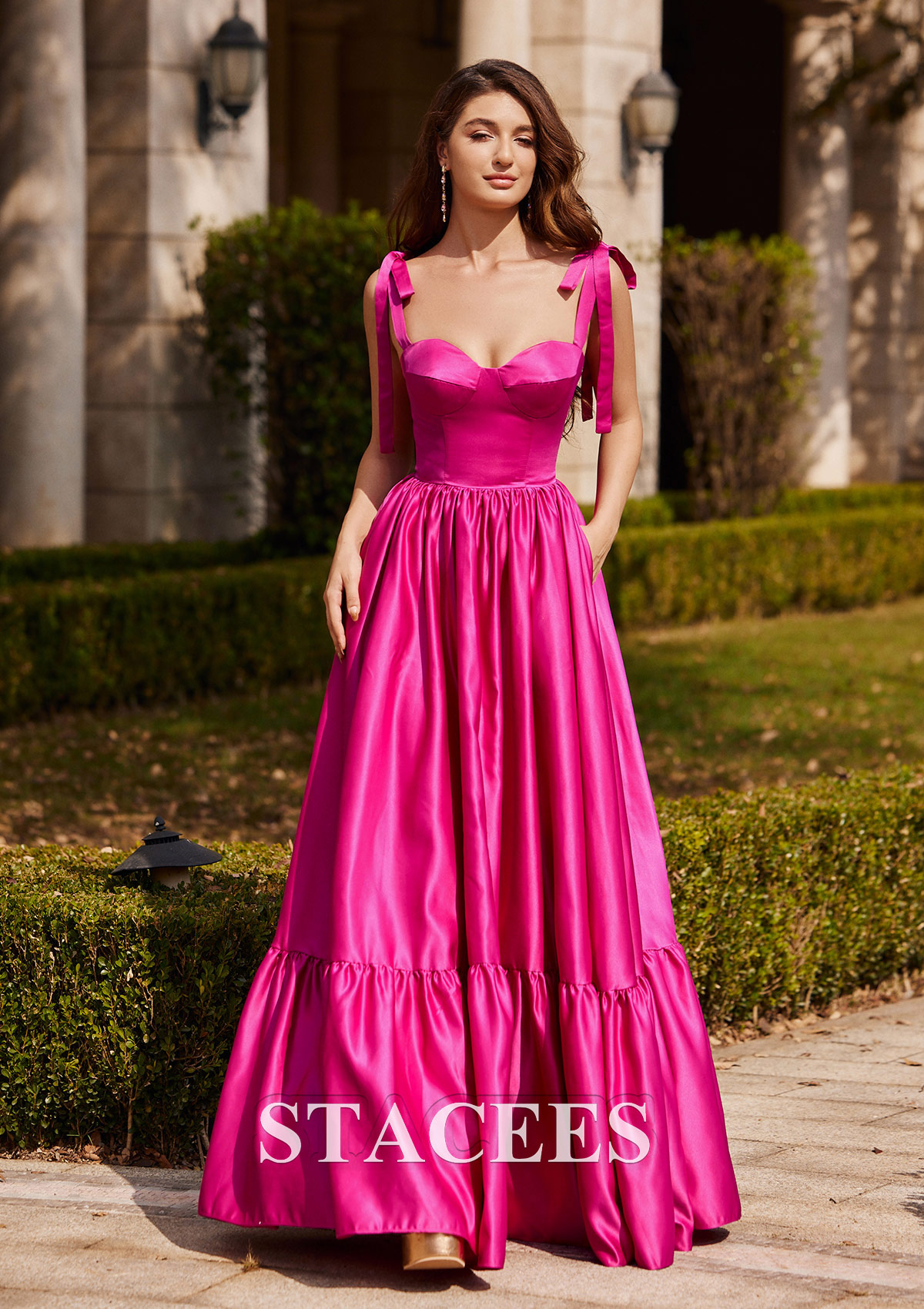 Fuchsia A-line Sweetheart Floor-Length Satin Prom Dress with Pleated Ruffles - STACEES