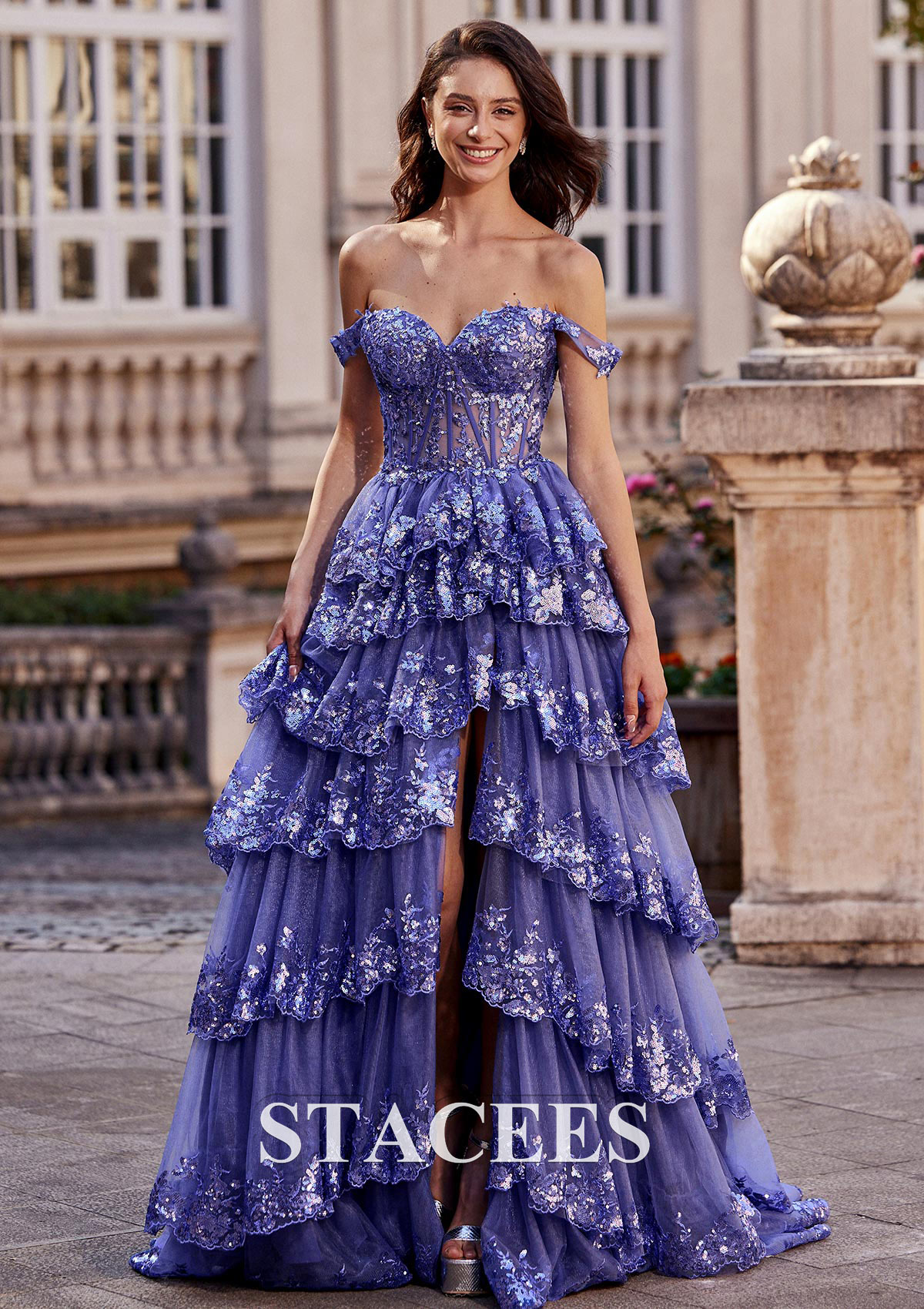 a-line off-the-shoulder sweep train chiffon prom dresses with lace sequins Stacees 2026 Prom Dress Lilac Sparkly Off the Shoulder Ruffles Slit