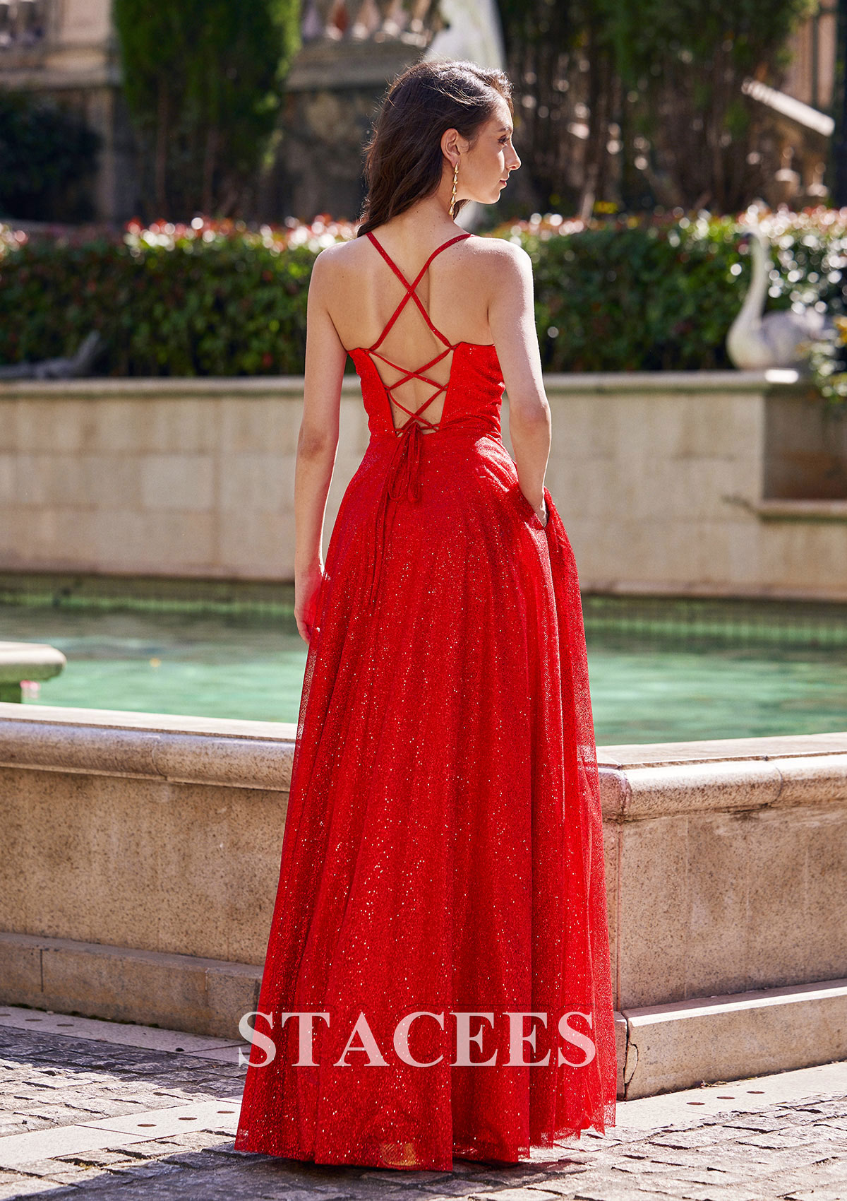 Red A-line Princess Sweetheart Floor-Length Tulle Prom Dress with Pockets Split Glitter - STACEES