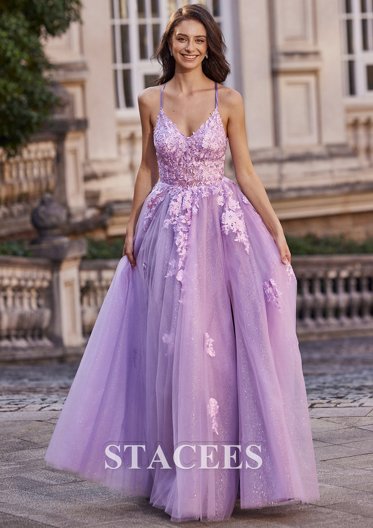 a line princess v neck prom dress A-line Princess V Neck Sleeveless Floor-Length Tulle Prom Dress with  Glitter Appliqued Beading Split S7742P - Prom Dresses