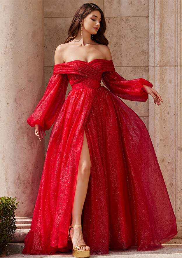 A-line Princess Off-the-Shoulder Full/Long Sleeve Sweep Train Tulle Prom Dress with Pleated Split Glitter