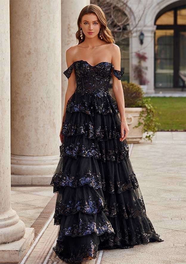 A-line Off-the-Shoulder Sleeveless Sweep Train Tulle Prom Dress with Ruffles Sequins