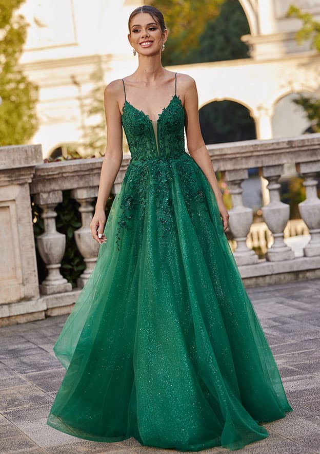 a-line/princess paillette tulle v-neck floor-length sleeveless dresses A-line Princess V Neck Prom Dress with Appliqued Sequins Glitter 24/7 Online Service. Color:Hunter Green* Chiffon A-Line Midi Dress: Glitter/Metallic