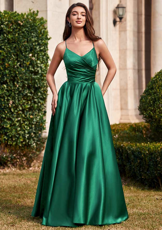 A-line V Neck Floor-Length Satin Prom Dress with Pleated Pockets