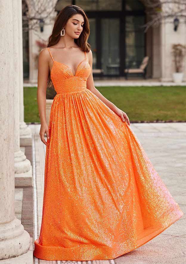 A-line V Neck Floor-Length Sequined Prom Dress with Pockets