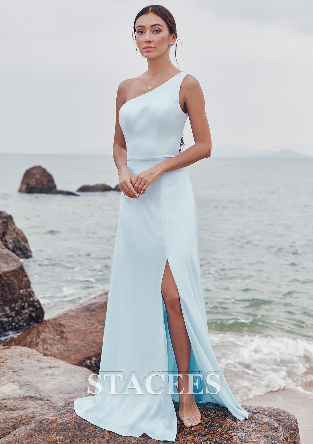 Azul Cielo Vestido línea a un hombro satén elástico hasta el suelo vestido de dama de honor - STACEES