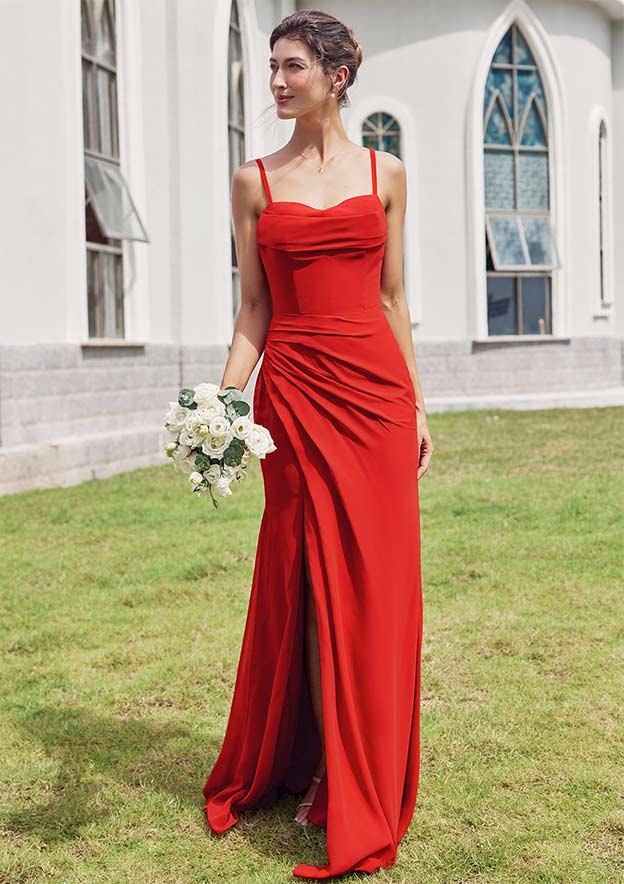 Sheath/Column Sweetheart Sleeveless Floor-Length Chiffon Bridesmaid Dress with Pleated Split