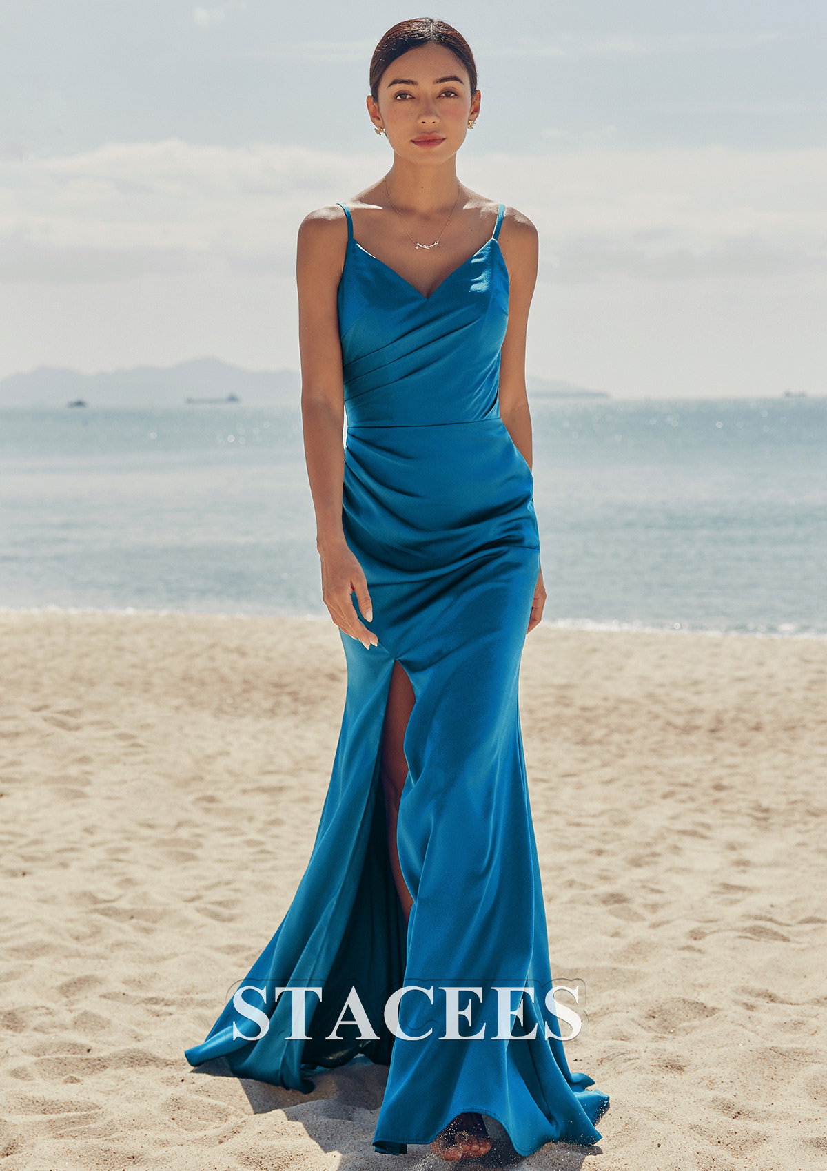 Twilight Trumpet/Mermaid V Neck Sleeveless Floor-Length Stretch Satin Bridesmaid Dress with Pleated Split