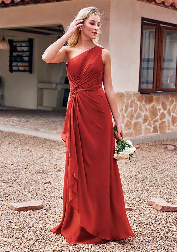 A-line One-Shoulder Sleeveless Floor-Length Chiffon Bridesmaid Dress with Pleated Ruffles