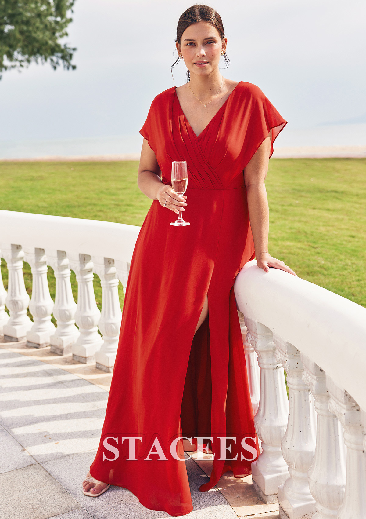 long red dress with short sleeves Red Cotton Puff Sleeve Maxi - Short Sleeve Dresses