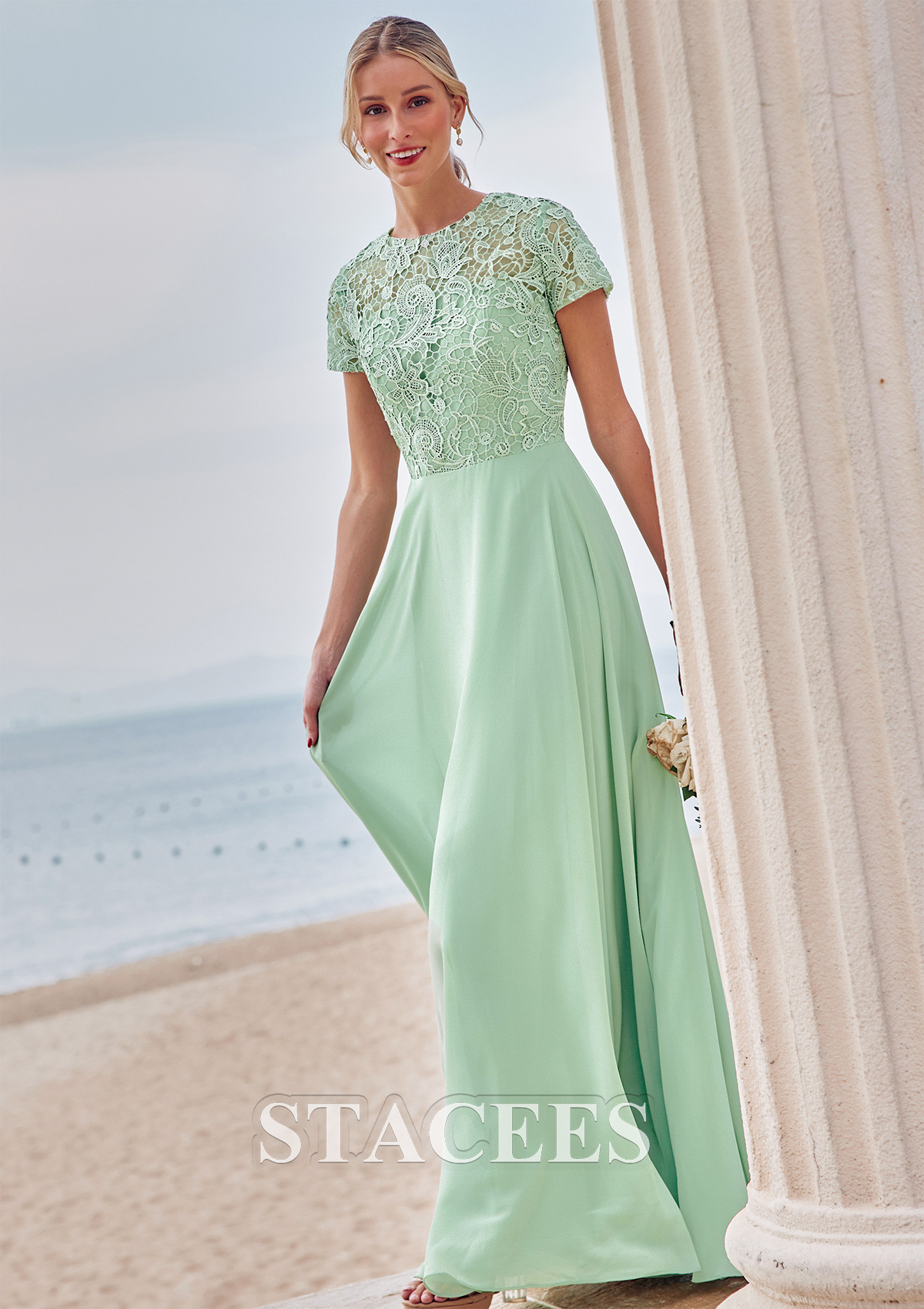 Sauge Poudrée Robe trapèze scoop mousseline ras du sol robe de demoiselle d'honneur - STACEES