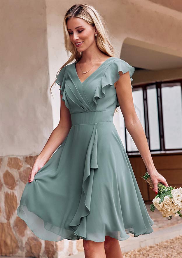 dresses with short sleeves and knee length A-line V Neck Short Sleeve Knee-Length Chiffon Bridesmaid Dress with  Pleated Ruffles S7438B - Bridesmaid Dresses