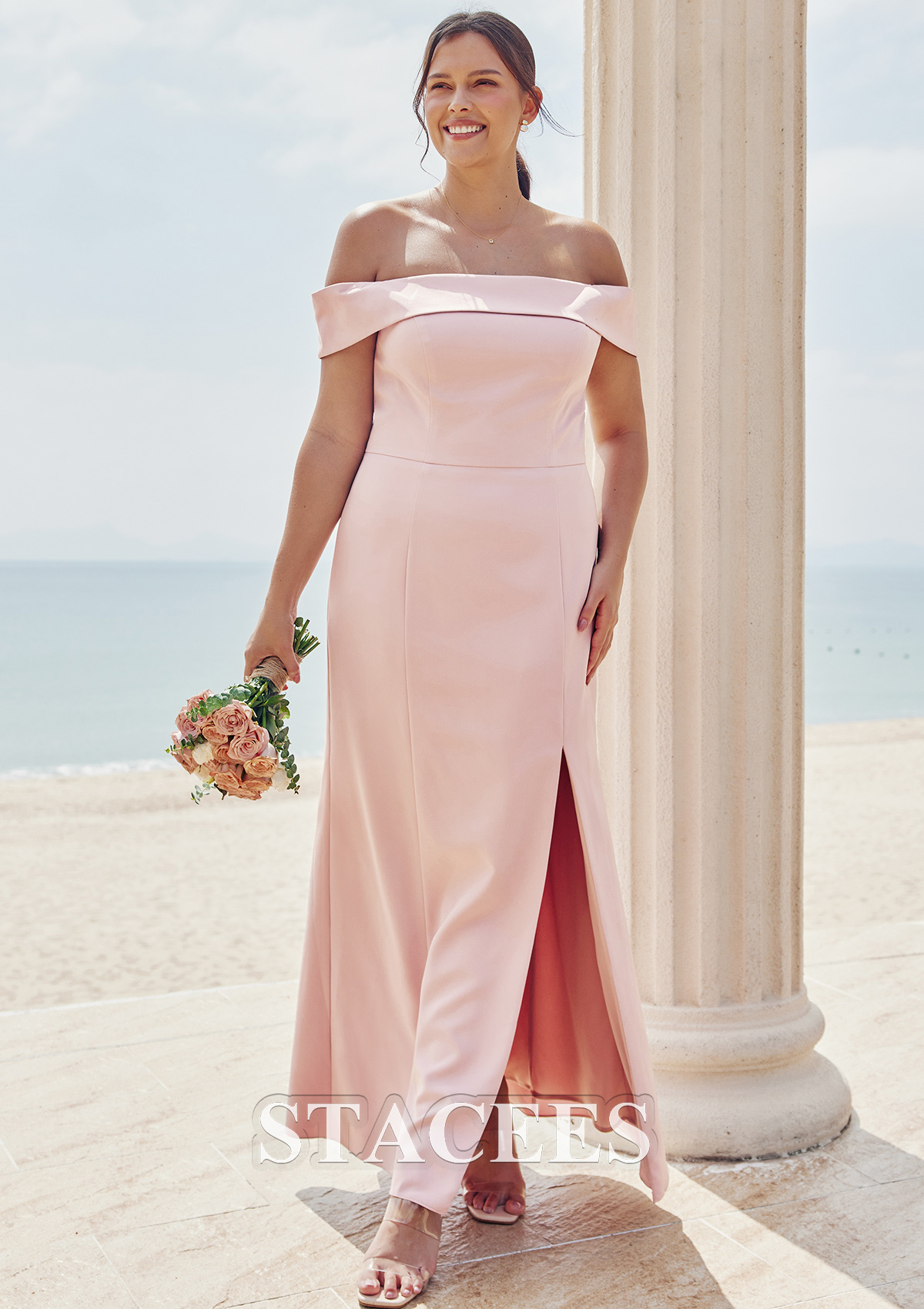 Dusty Pink Trumpet/Mermaid Off-the-Shoulder Sleeveless Floor-Length Stretch Crepe Plus Size Bridesmaid Dress