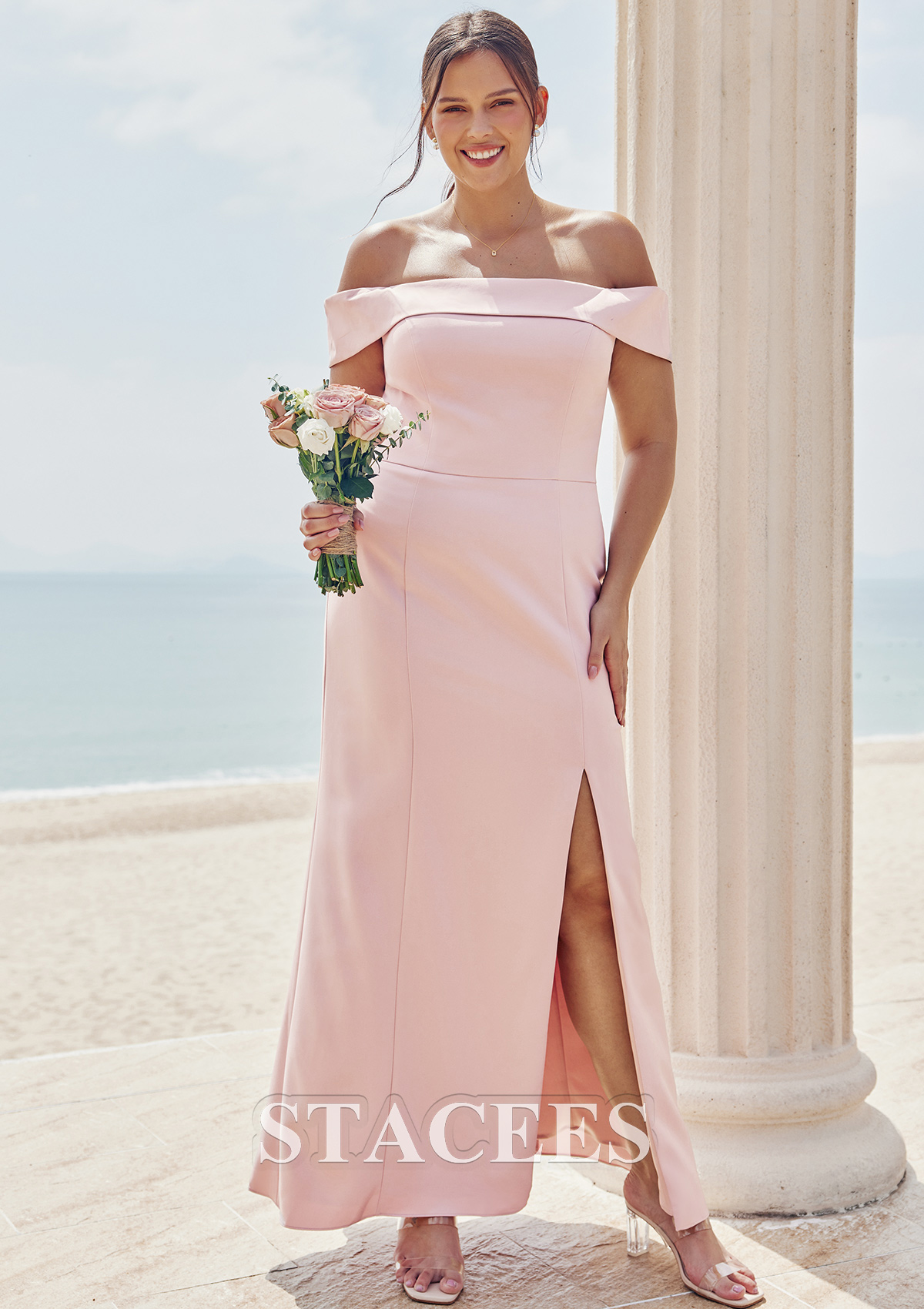 Dusty Pink Trumpet/Mermaid Off-the-Shoulder Sleeveless Floor-Length Stretch Crepe Plus Size Bridesmaid Dress
