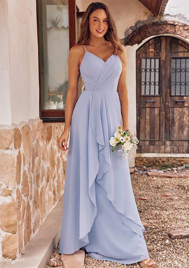 a-line v-neck floor-length chiffon bridesmaid dress with ruffle Jungle Green 2026 Bridesmaid Dress Long Chiffon A-line Ruffles V-neck