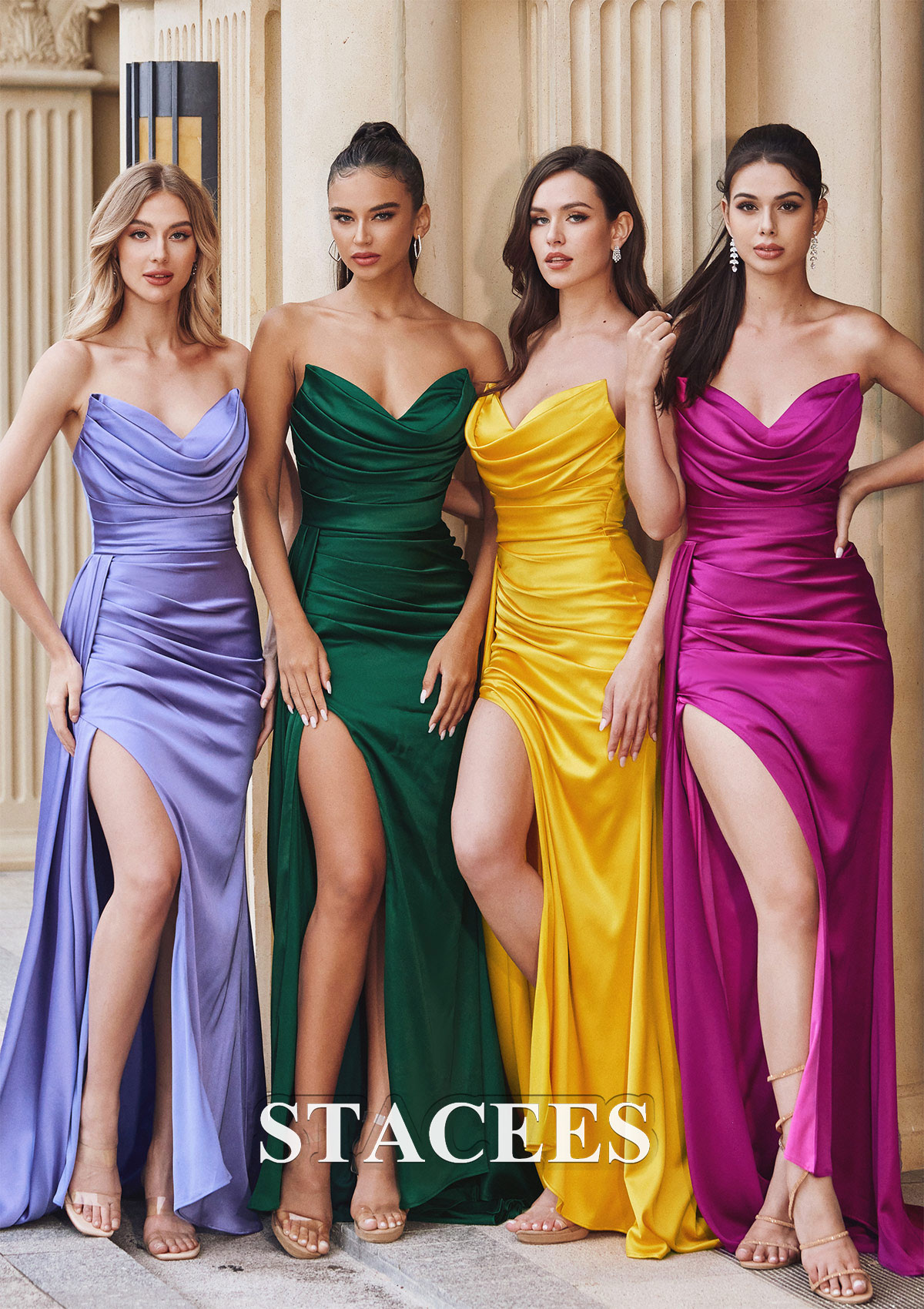As Picture Sheath/Column V Neck Sleeveless Sweep Train Satin Prom Dress with Pleated Side Draping Split - STACEES