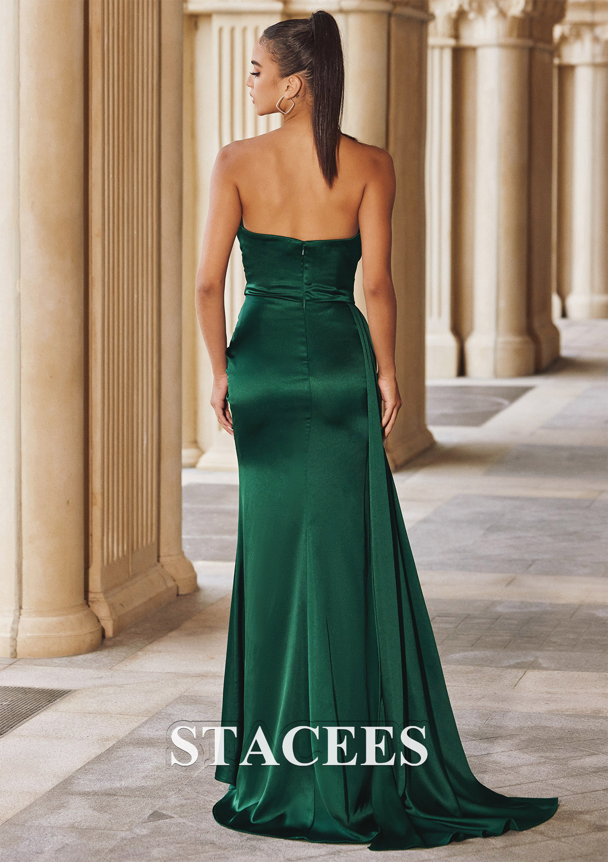 Dark Green Sheath/Column V Neck Sleeveless Sweep Train Satin Prom Dress with Pleated Side Draping Split - STACEES