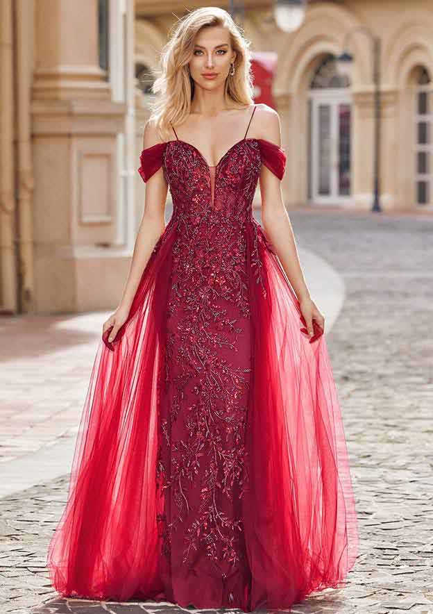 A-line V Neck Short Sleeve Sweep Train Tulle Prom Dress with