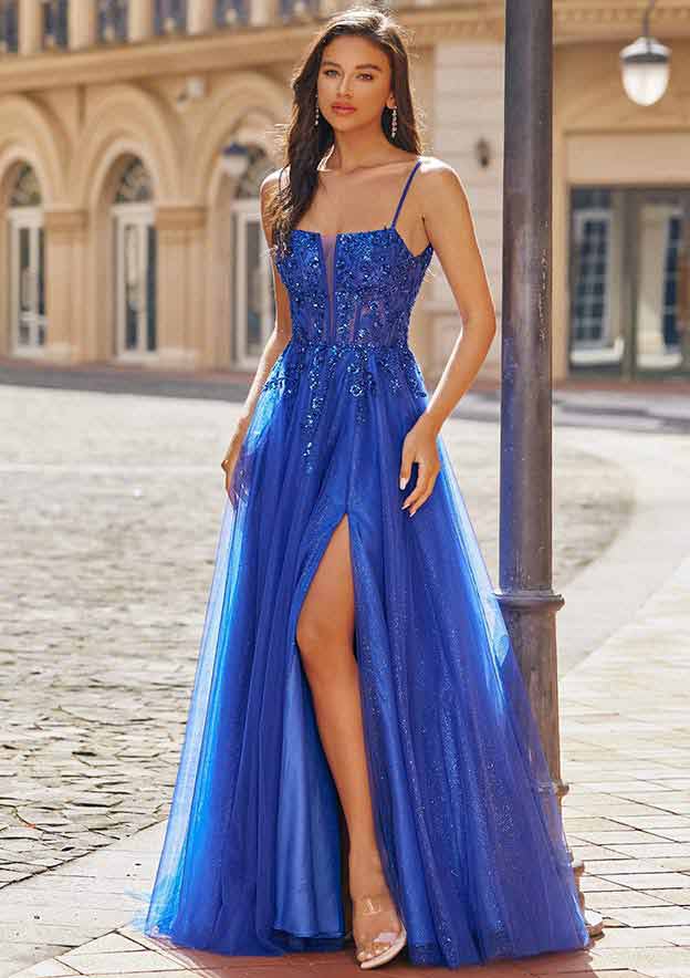 A-line Square Neckline Sleeveless Sweep Train Tulle Prom Dress with Appliqued Sequins Split Glitter