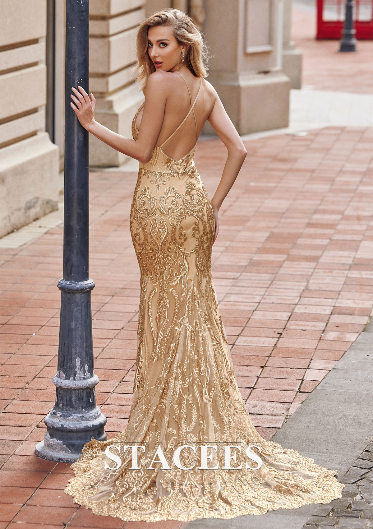 Gold Sheath/Column V Neck Sleeveless Sweep Train Sequined Prom Dress
