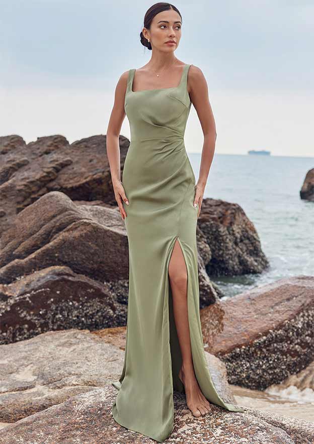 Sheath/Column Square Neckline Sleeveless Floor-Length Stretch Satin Bridesmaid Dress with Pleated Split