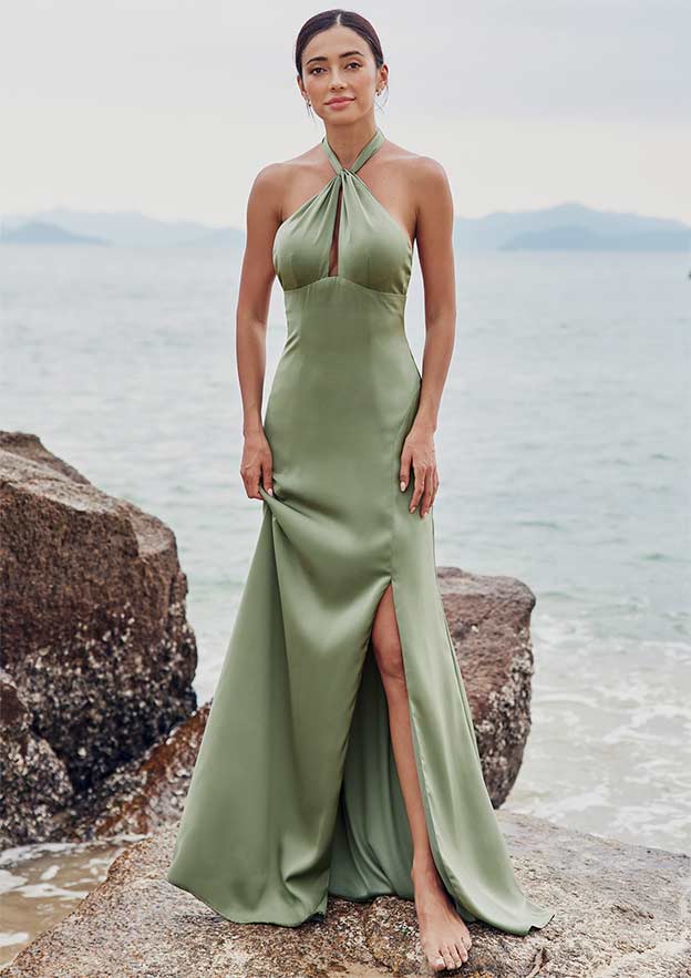 halter bridesmaid dress satin Sassy Gold Satin Halter Open Back Bridesmaid Gown