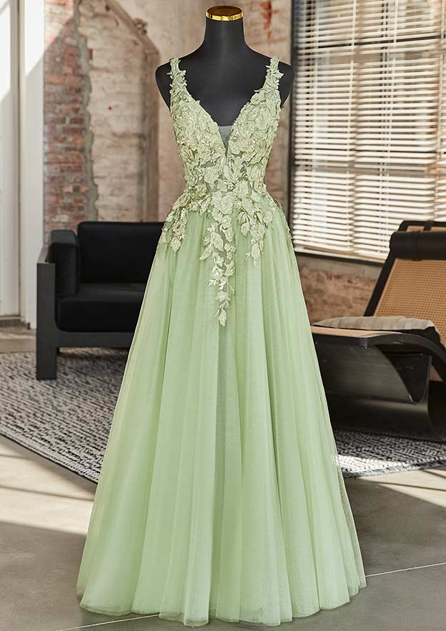 A-line V Neck Sleeveless Floor-Length Tulle Prom Dress with Appliqued Beading