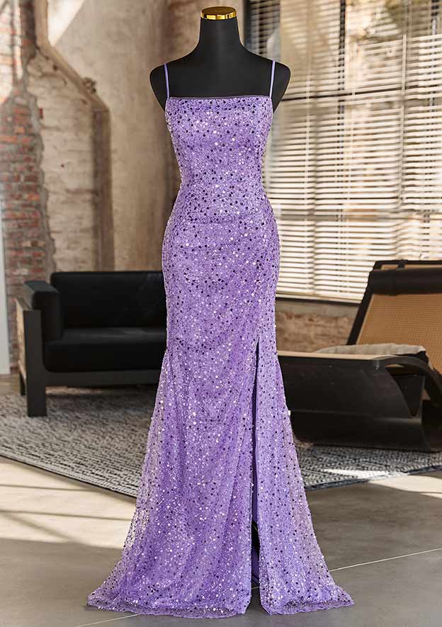 Sheath/Column Square Neckline Sleeveless Sweep Train Tulle Prom Dress with Beading Sequins Split
