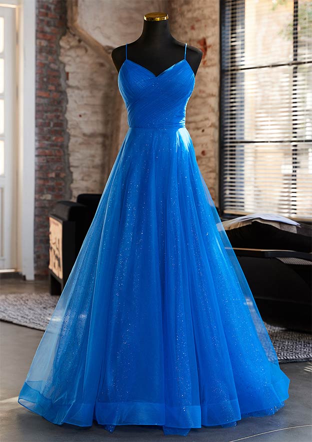 A-line Princess V Neck Sleeveless Floor-Length Tulle Prom Dress with Glitter Pleated