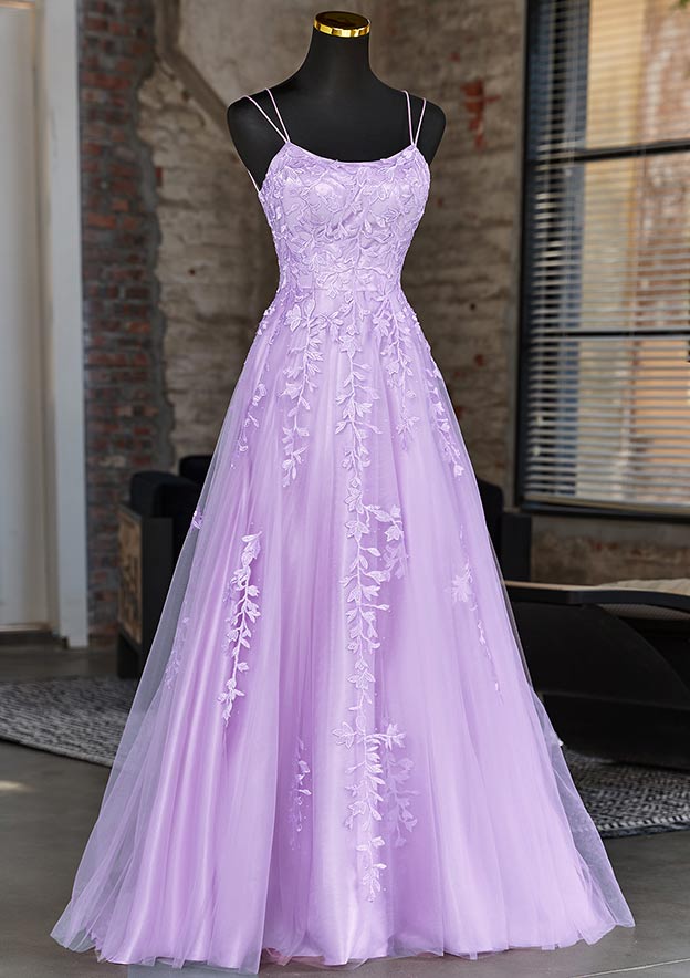A-line Princess Square Neckline Sleeveless Sweep Train Tulle Prom Dress with Appliqued