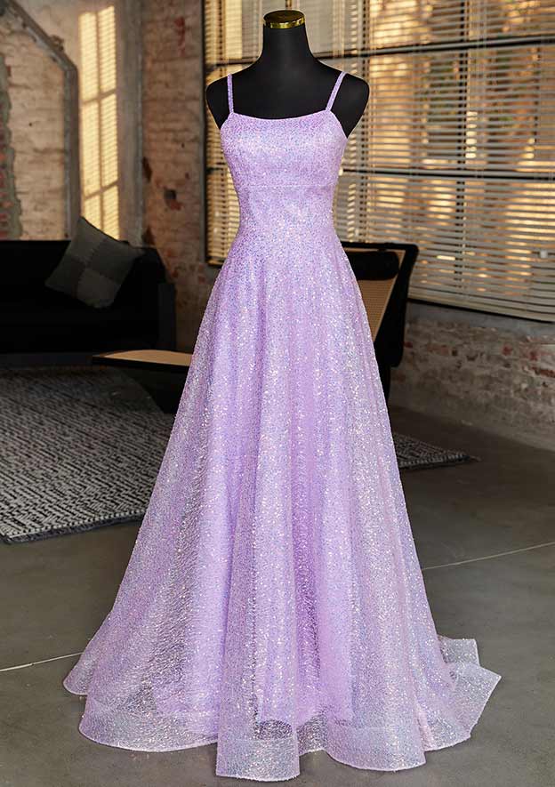 A-line Square Neckline Sleeveless Sweep Train Sequined Prom Dress with Pockets