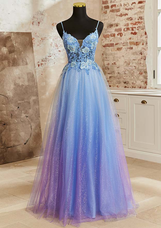 A-line V Neck Sleeveless Floor-Length Tulle Prom Dress with Appliqued Beading Glitter