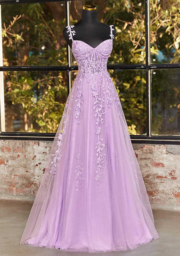 A-line V Neck Sleeveless Sweep Train Tulle Prom Dress with Appliqued Beading