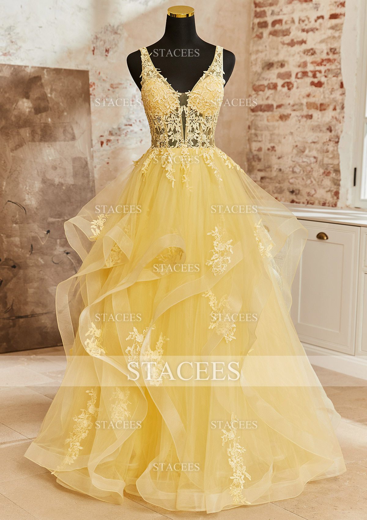 A-line Princess V Neck Sleeveless Sweep Train Tulle Prom Dress with Appliqued Ruffles