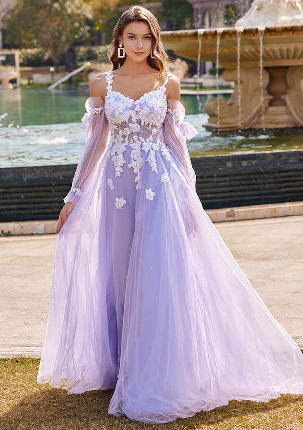 A-line V Neck Full/Long Sleeve Sweep Train Tulle Prom Dress with Appliqued Beading
