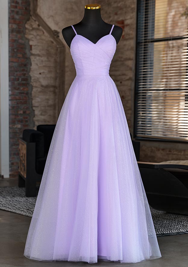 A-line V Neck Sleeveless Floor-Length Tulle Prom Dress with Pleated Glitter