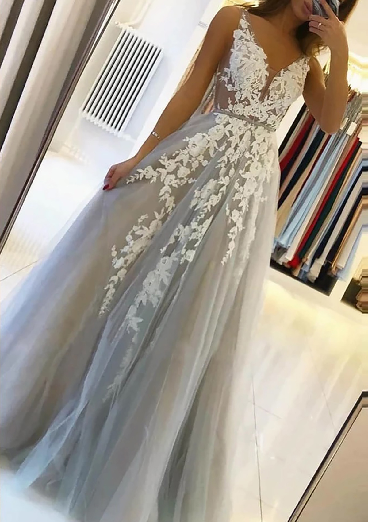 Silver A-line V Neck Sleeveless Long/Floor Length Tulle Prom Dress With Beading Lace - STACEES