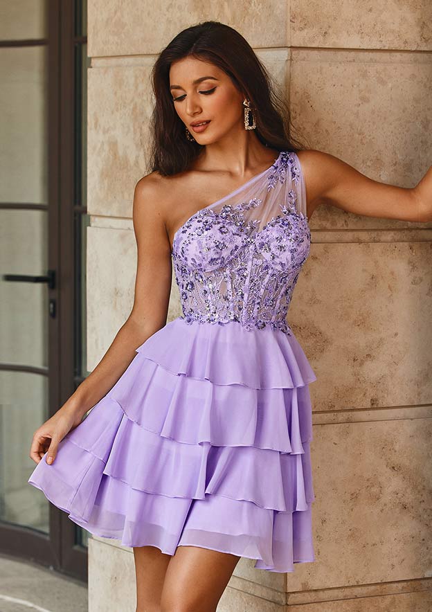 purple one shoulder dress short one shoulder dresses short Short One Shoulder Dress by Tiffany Homecoming  27439 20 / Lilac Multi
