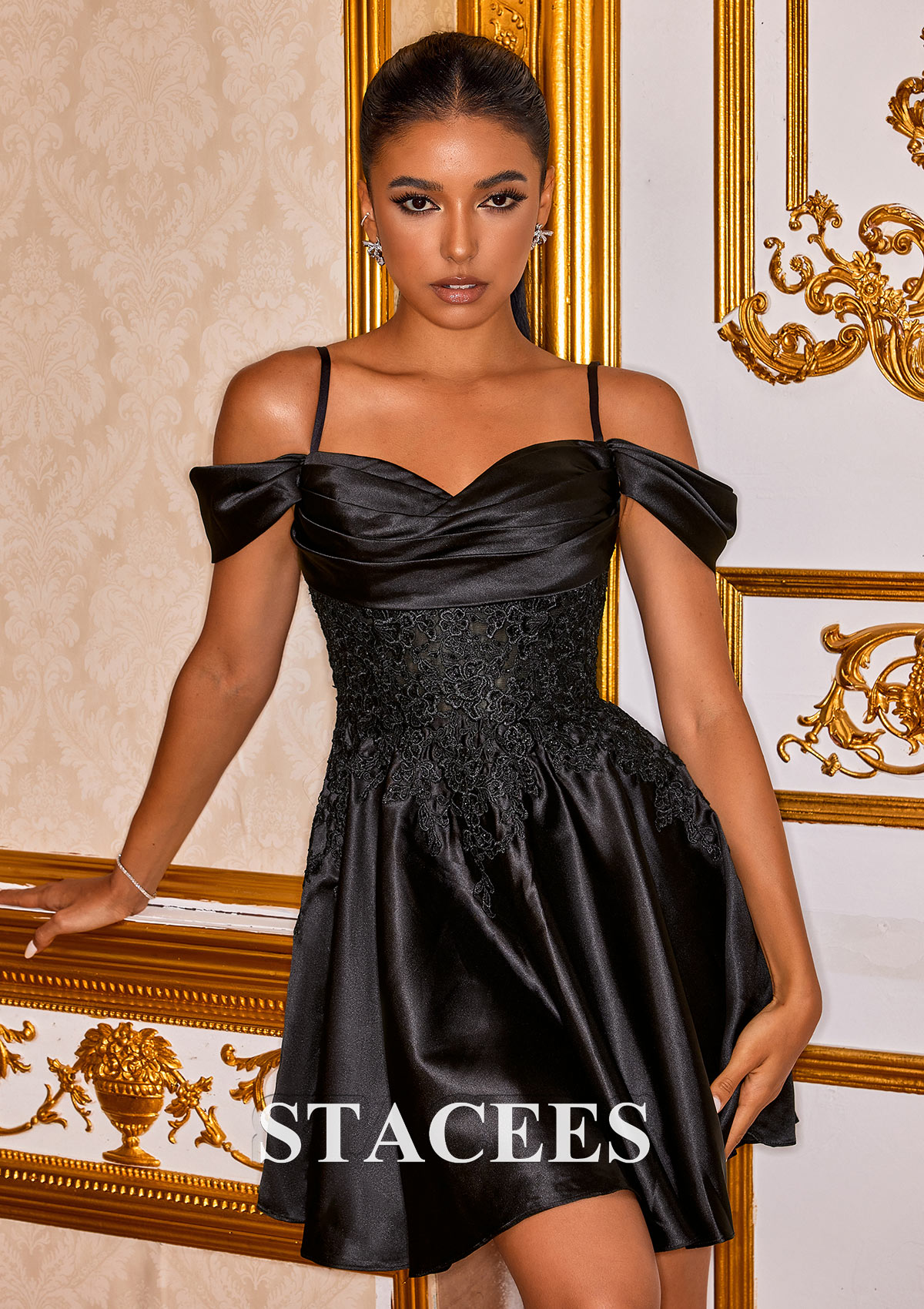 a line satin short dress Off-the-Shoulder Mini/Short Satin Cocktail A-Line May Queen MQ2245