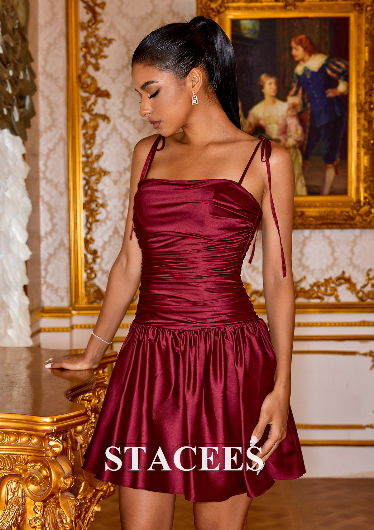 homecoming dress with flats Stacees Fitted Royal Blue Satin Ruched Homecoming Dress with Flared Skirt