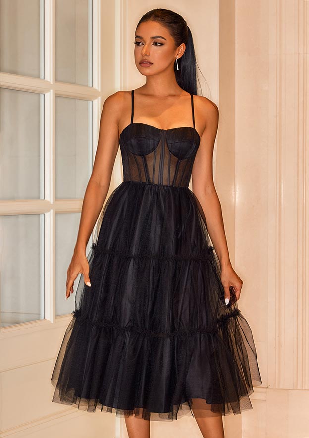 A-line Square Neckline Tea-Length Tulle Homecoming Dress with Ruffles