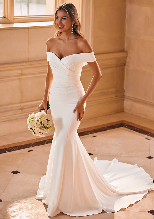 Glamorous Mermaid Off-the-Shoulder Chapel Train Crepe Fitted Wedding Dress with Pleats