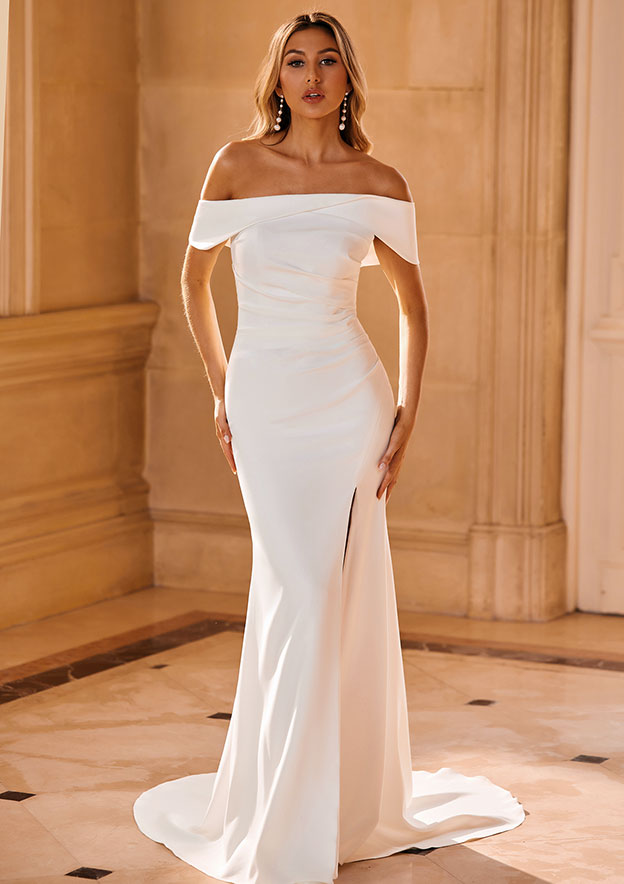 fishtail off the shoulder wedding dress Lace Mermaid Wedding Dress with Off the Shoulder Sleeves