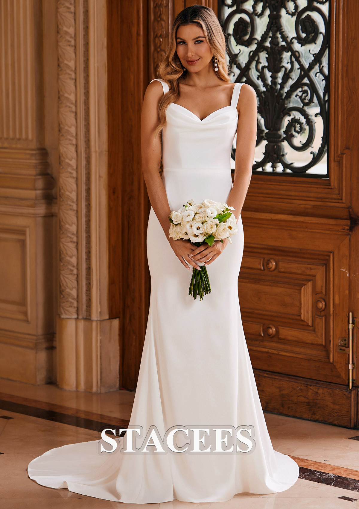 Ivory Modern Trumpet/Mermaid Cowl Neck Court Train Satin Wedding Dress with Pleated